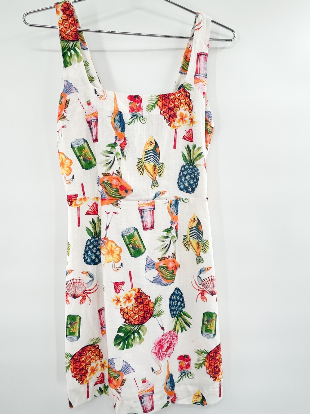 Moon River Ellie Square Neck Beach Print Mini Dress In White Multi Small